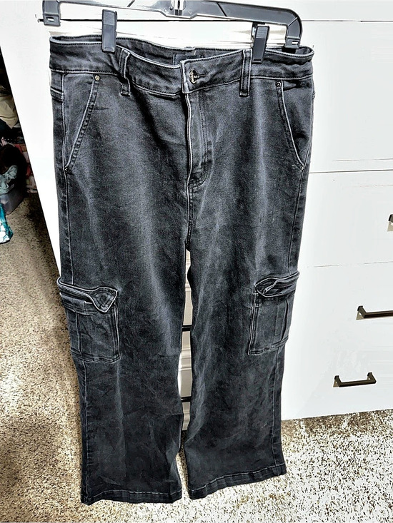 Risen Jeans Pants - Risen High Rise Wide Leg Cargo Jeans Black size 15